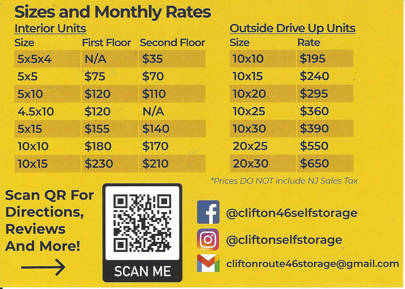 Monthly storage unit rental rate card