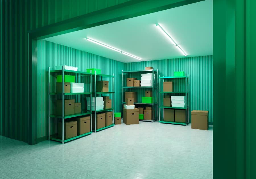 Rental storage unit with shelves and boxes