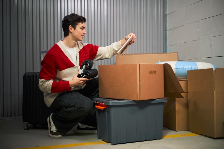 Person in storage unit with boxes and bins
