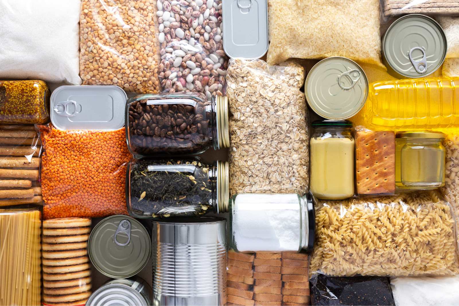 Dry goods in cans, jars, and bags for storage